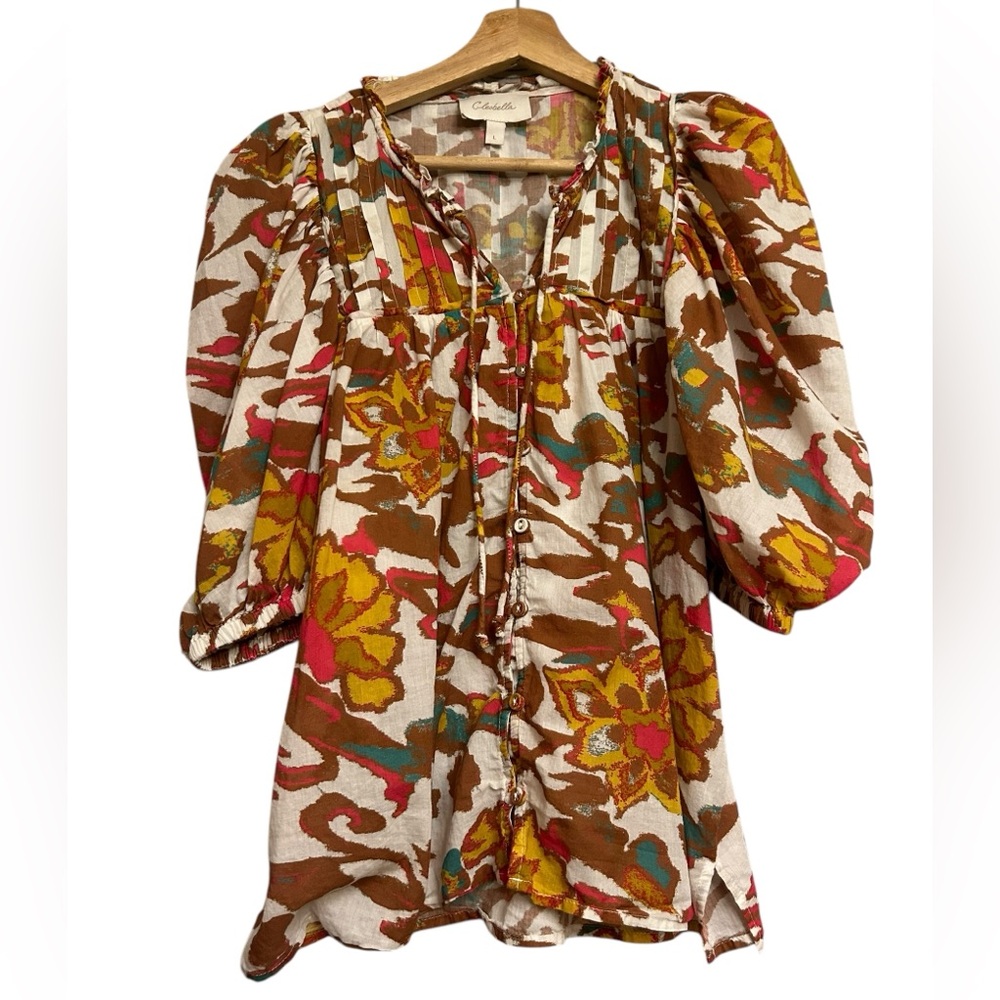 Cleobella Ruched Puff Sleeve Blouse in Orange and Brown - Picture 4 of 15